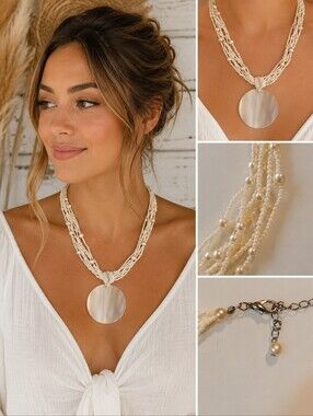 Multi Strand Seed Bead Faux Pearl Necklace Shell Disc Pendant Boho Chic EUC